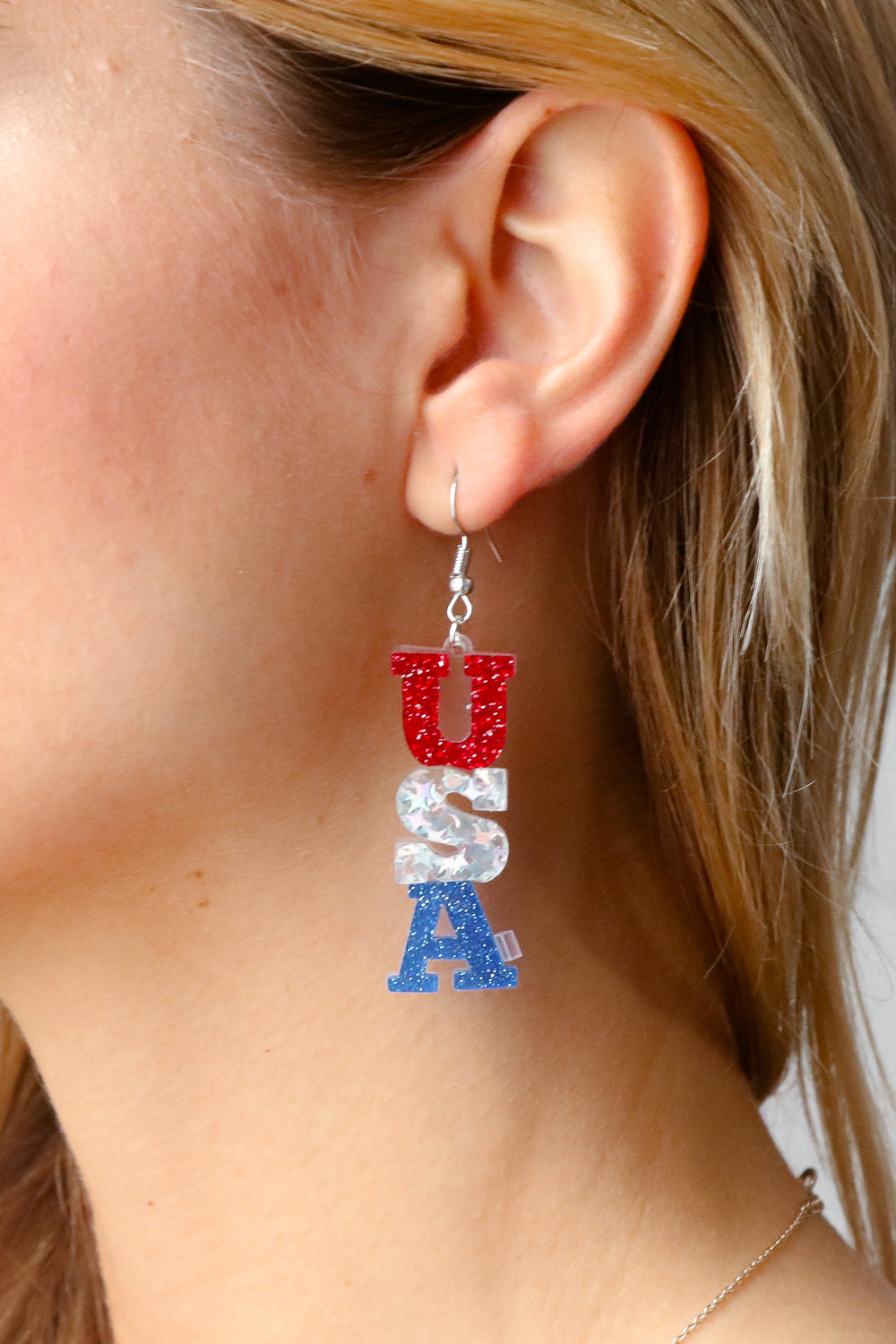 Patriotic USA Glitter Tiered Resin Earrings