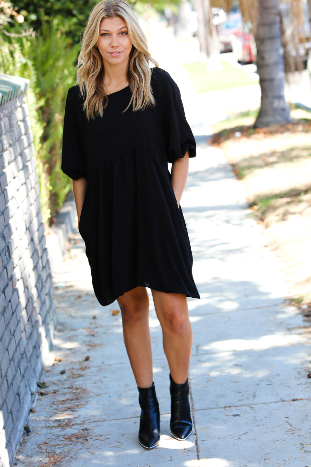 Black Three Quarter Puff Sleeve Babydoll Dress