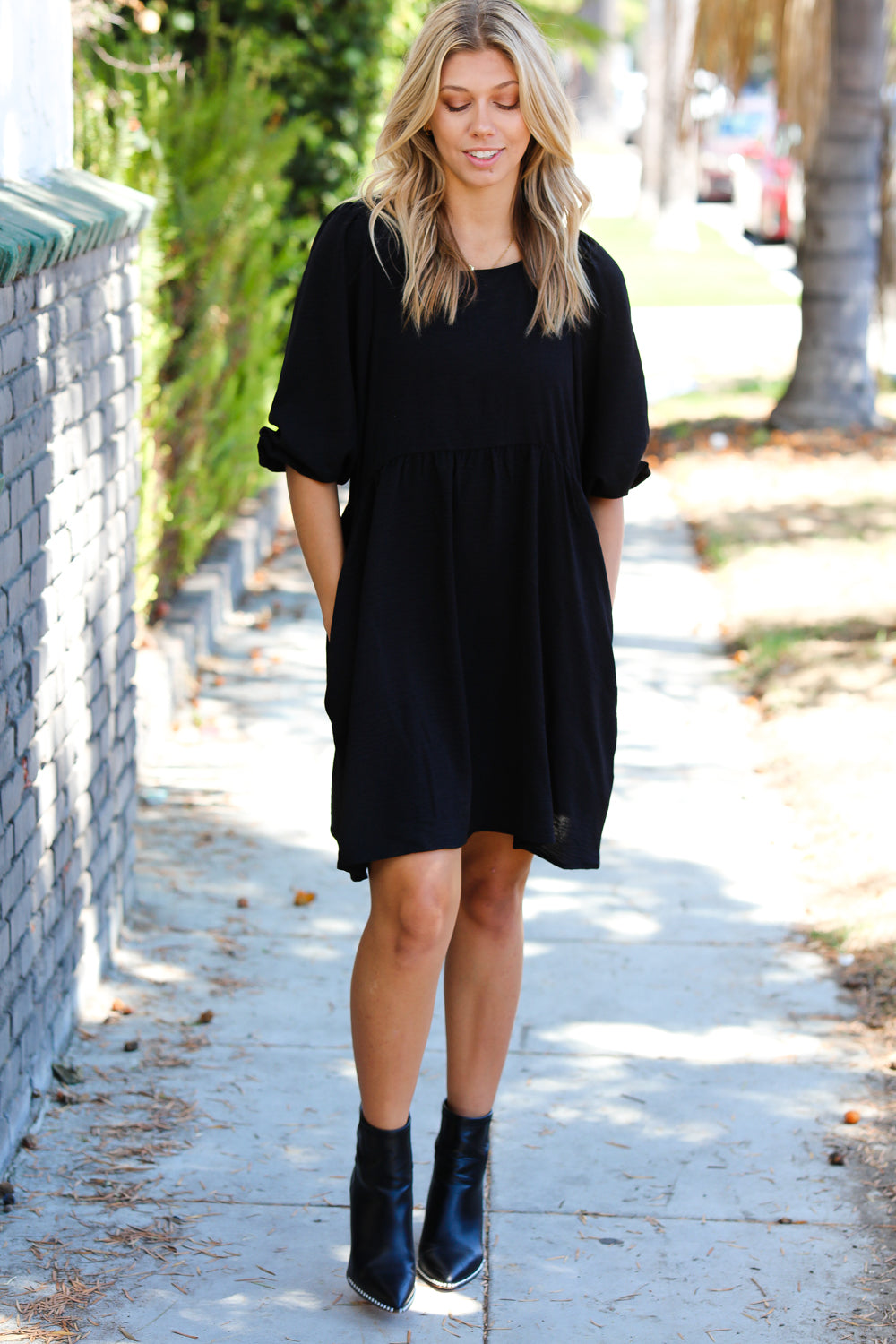 Black Three Quarter Puff Sleeve Babydoll Dress