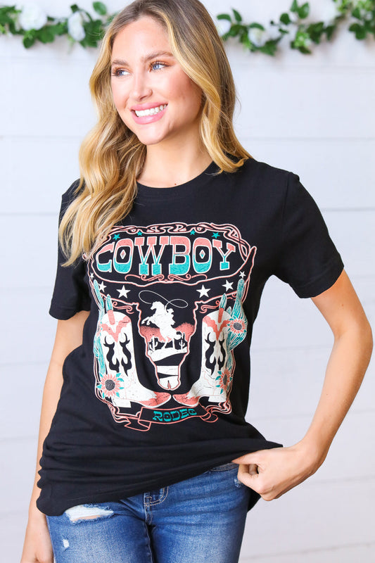 Black Cotton COWBOY Longhorn Graphic Tee